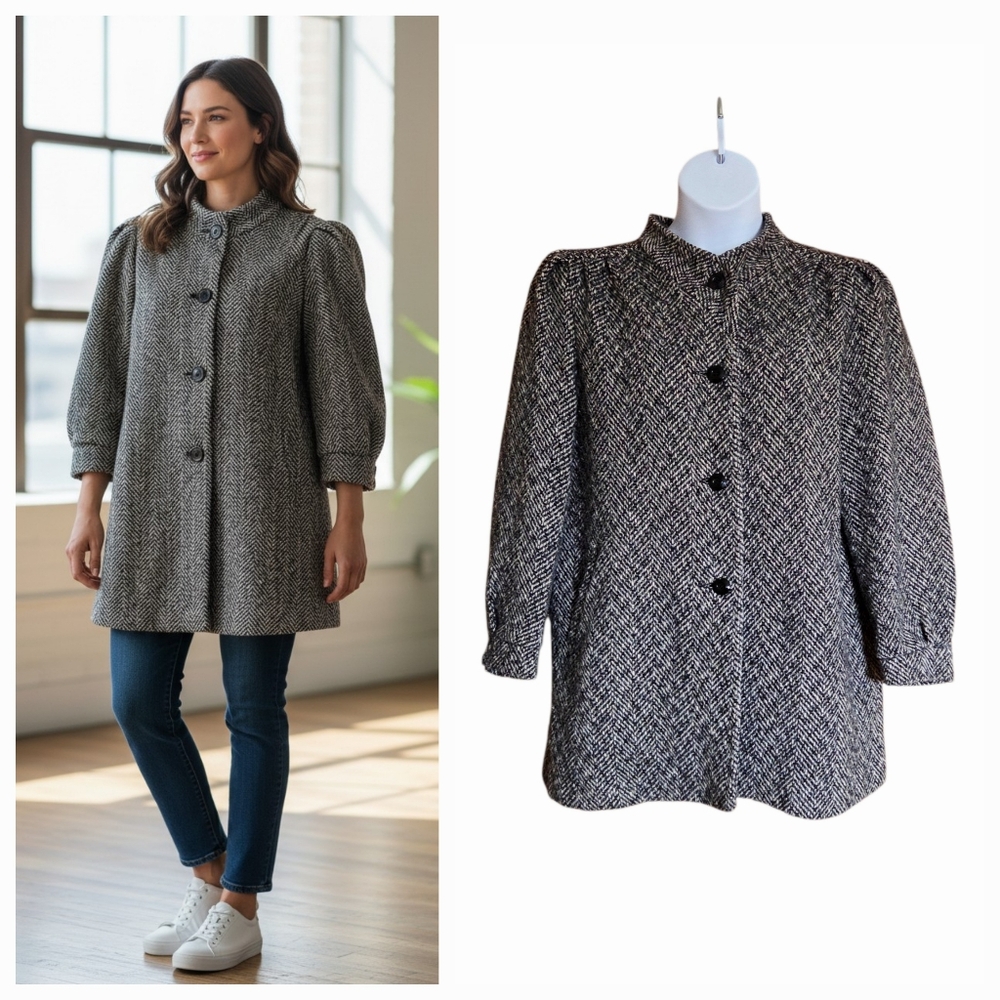 VTG Hollywood & Vine Coat Wool Blend Herringbone Tweed Puff Sleeve Jacket Sz XL